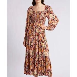Rip Curl Mystic Floral Smocked Long Sleeve Maxi Dress in Black Multi, Size Med